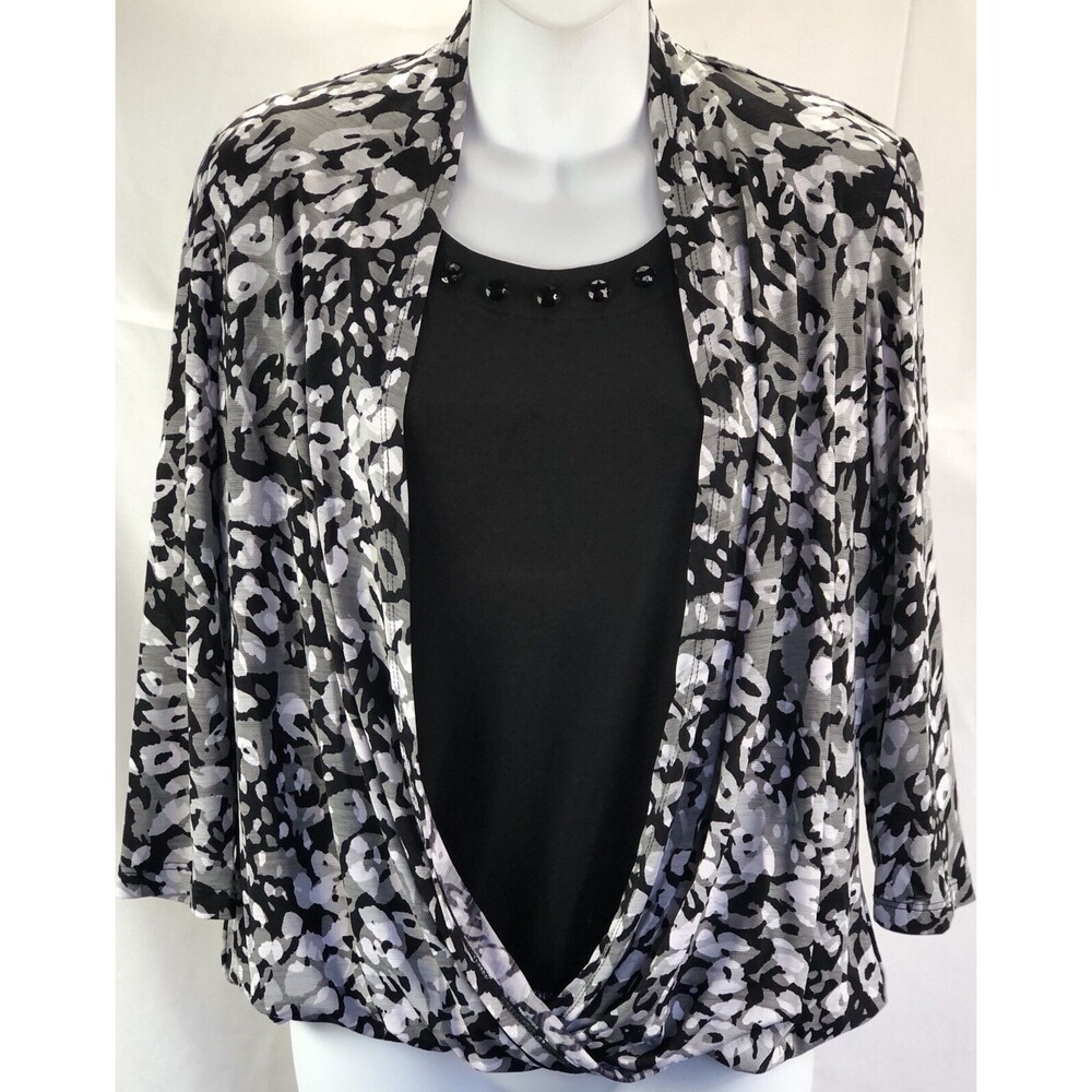 Sag harbor combo top PM gray/Blk/wht Geo 1/2 sleeve scoopneck Balloon Hem Career